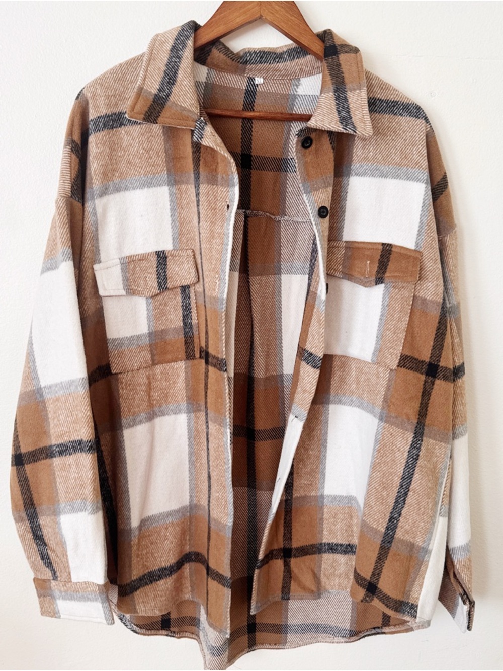 Cozy Plaid Shacket in Camel & White XL